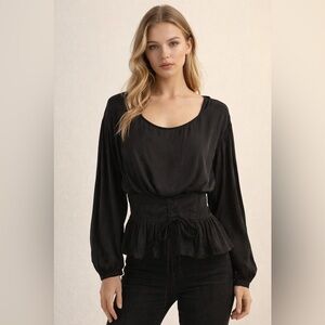 Free People Black Blouse with Lace-Up Detail